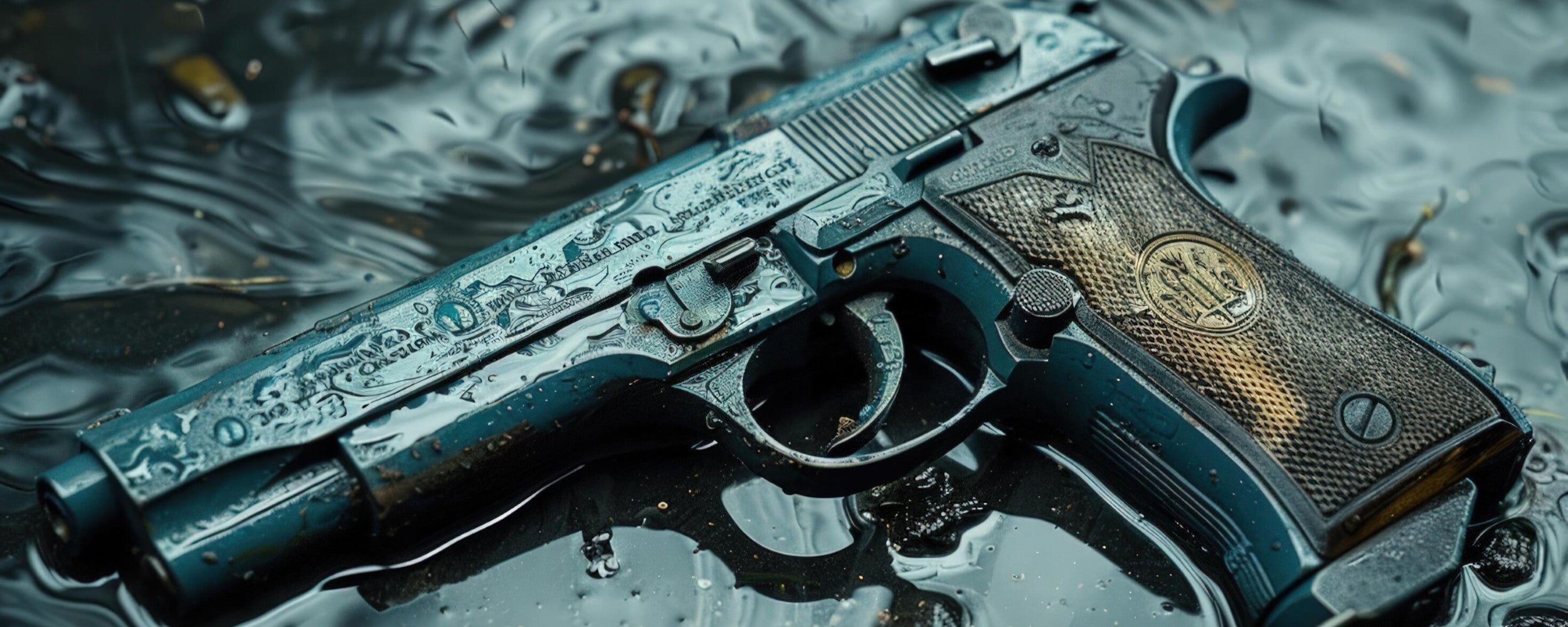 Cerakoted pistol lying in a puddle of water